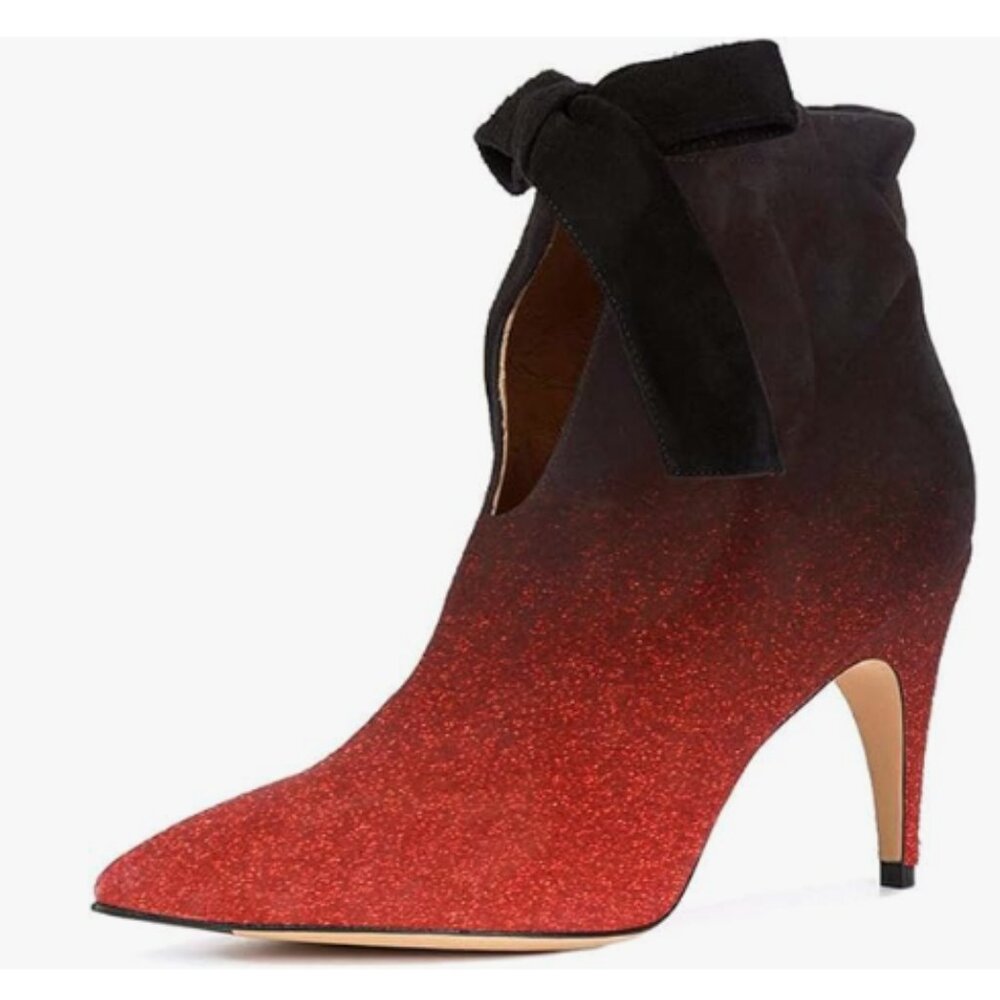 XYD Black-red Gradient Pointed Toe Ankle Booties Dress Mid Heel Cute Bow Boots